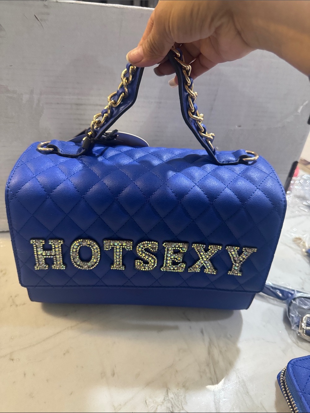 Blue Quilted Shoulder Bag with Crystal 'HOTSEXY' Lettering - Picture 9 of 11